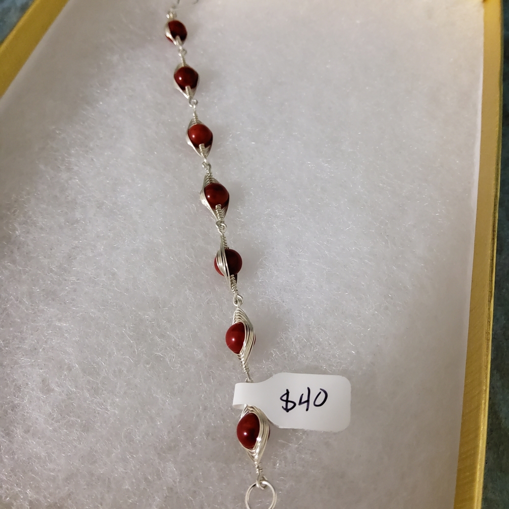 🇨🇦 2 For $50 Artisan Red and Sterling Silver Beaded Bracelet, Size 6.5